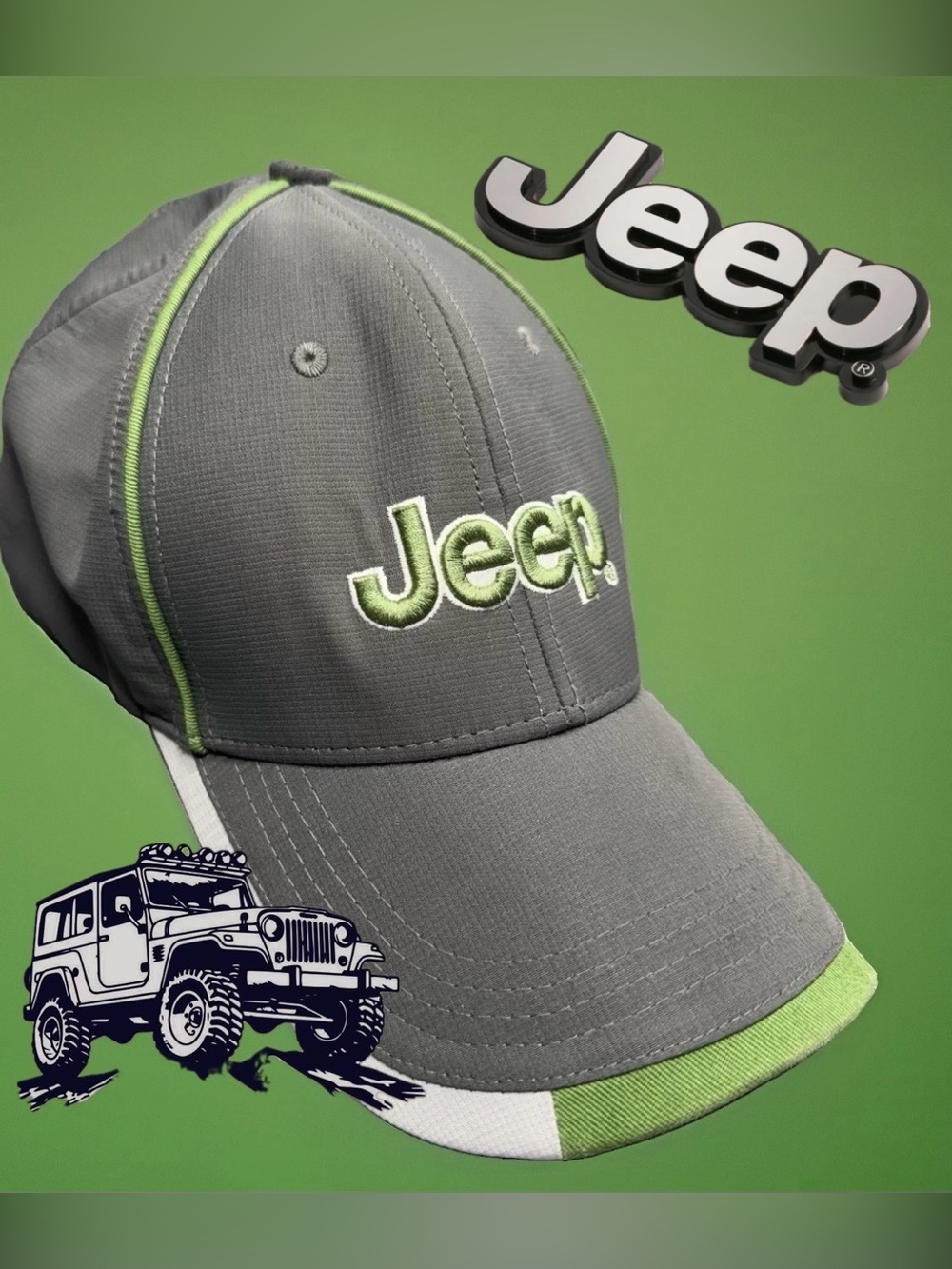Vintage Jeep Hat Cap Strap Back Adjustable Green Tan Car Adult